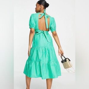 Influence Open Back Tiered Midi Dress Green Puff Sleeve Plus Sz 22 Cruise Vacay